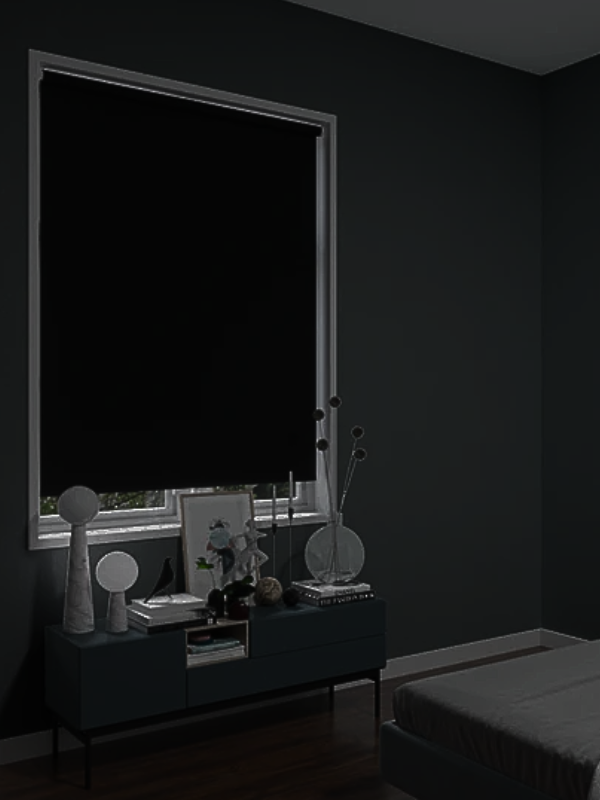Blackout blinds fully closed in a Vancouver bedroom blocking all incoming light