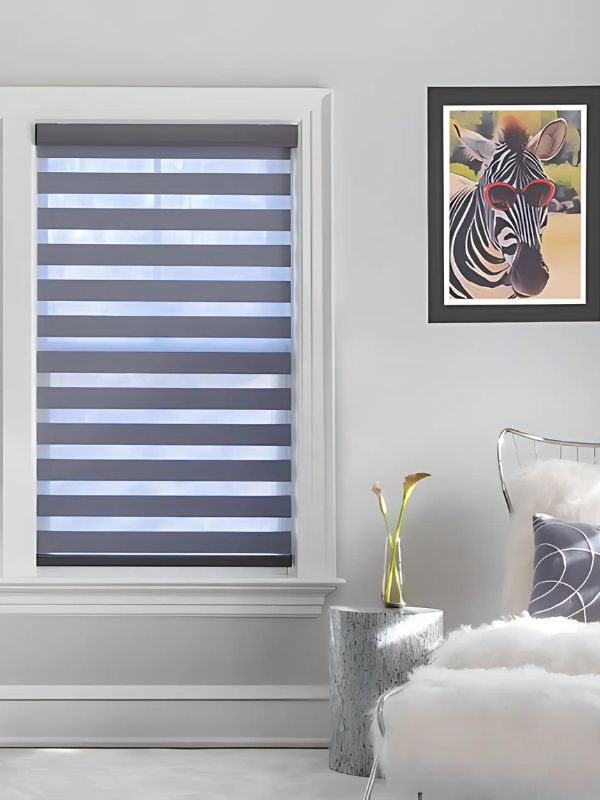 Zebra blinds in a Coquitlam living room with sheer bands aligned for daylight