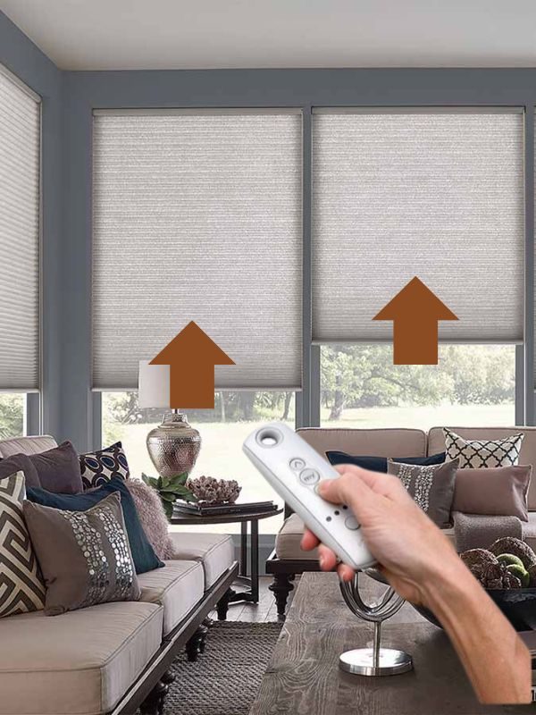 Remote control operating motorized cellular honeycomb shades in a Vancouver home