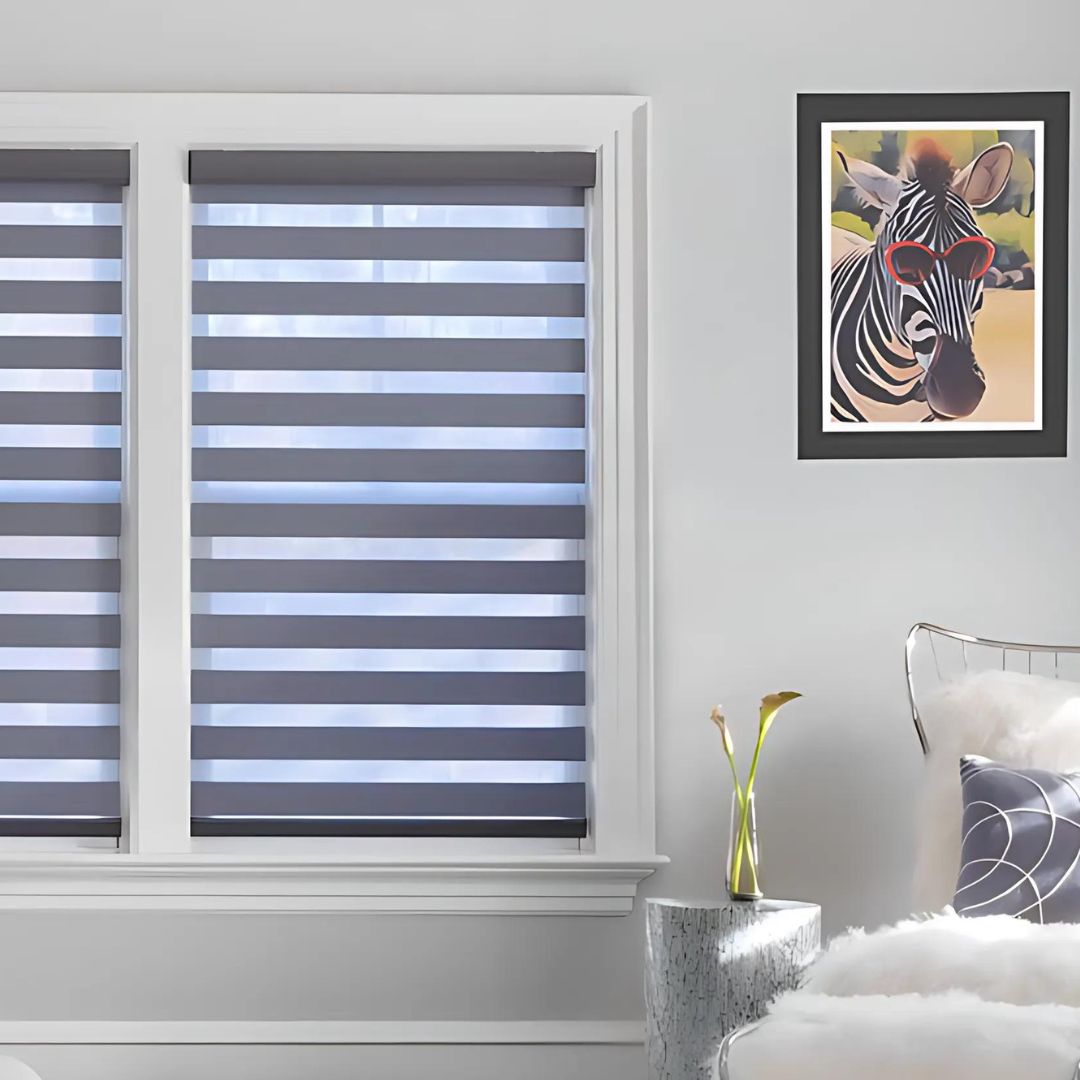 Zebra dual-sheer day/night blinds in a modern Vancouver living room
