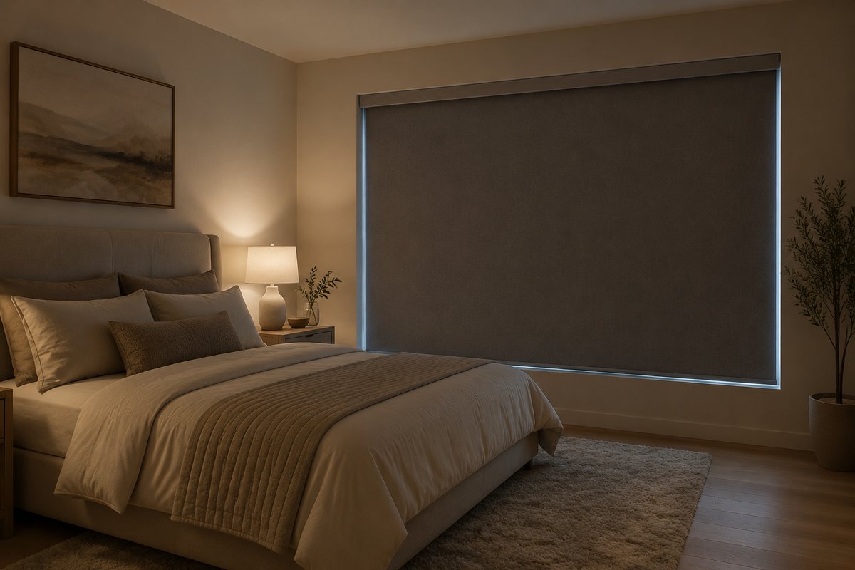 Blackout roller shades closed in a Vancouver bedroom for total light control