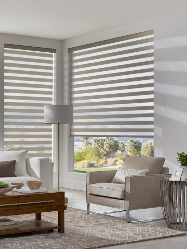 Zebra blinds with sheer bands aligned for soft daylight and daytime privacy