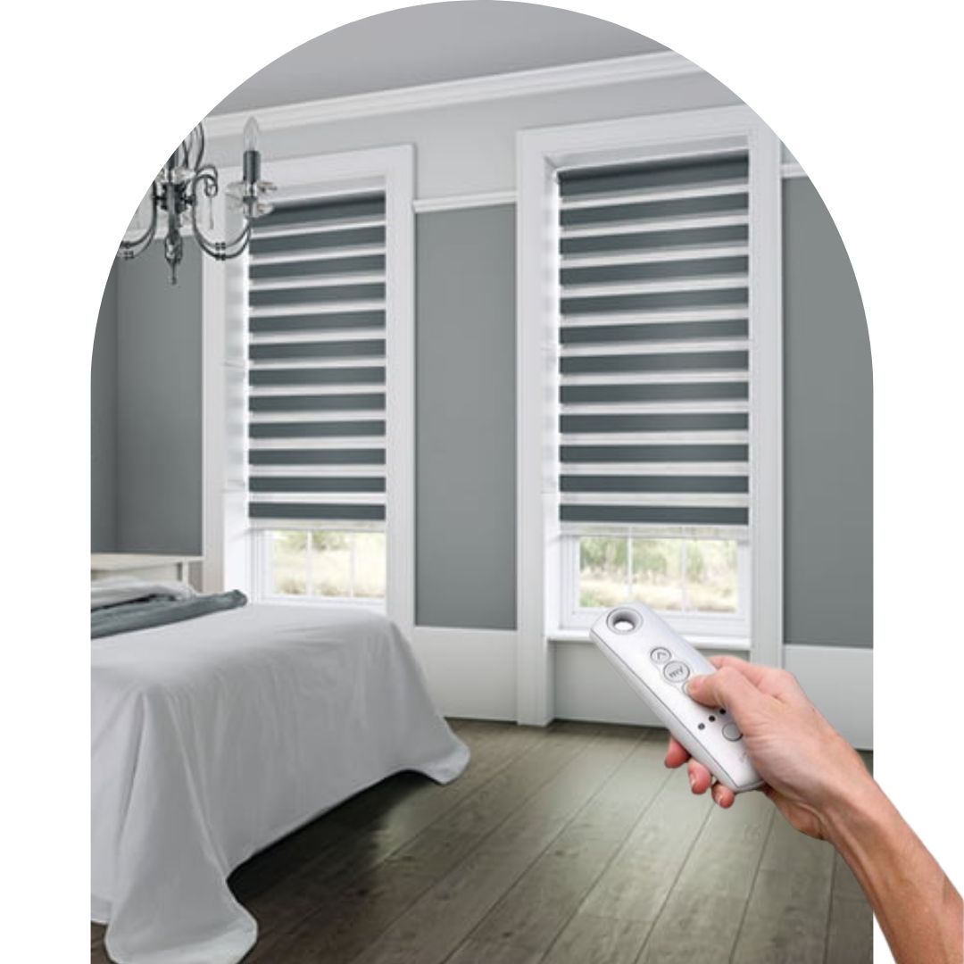 Motorized zebra blinds controlled by remote and smart-home app