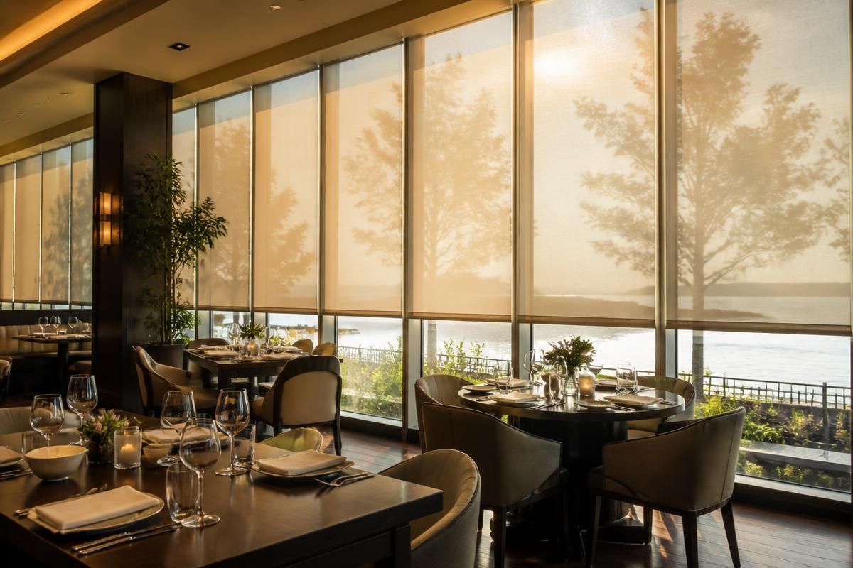Sheer roller shades filtering sunlight in a Vancouver waterfront restaurant dining room