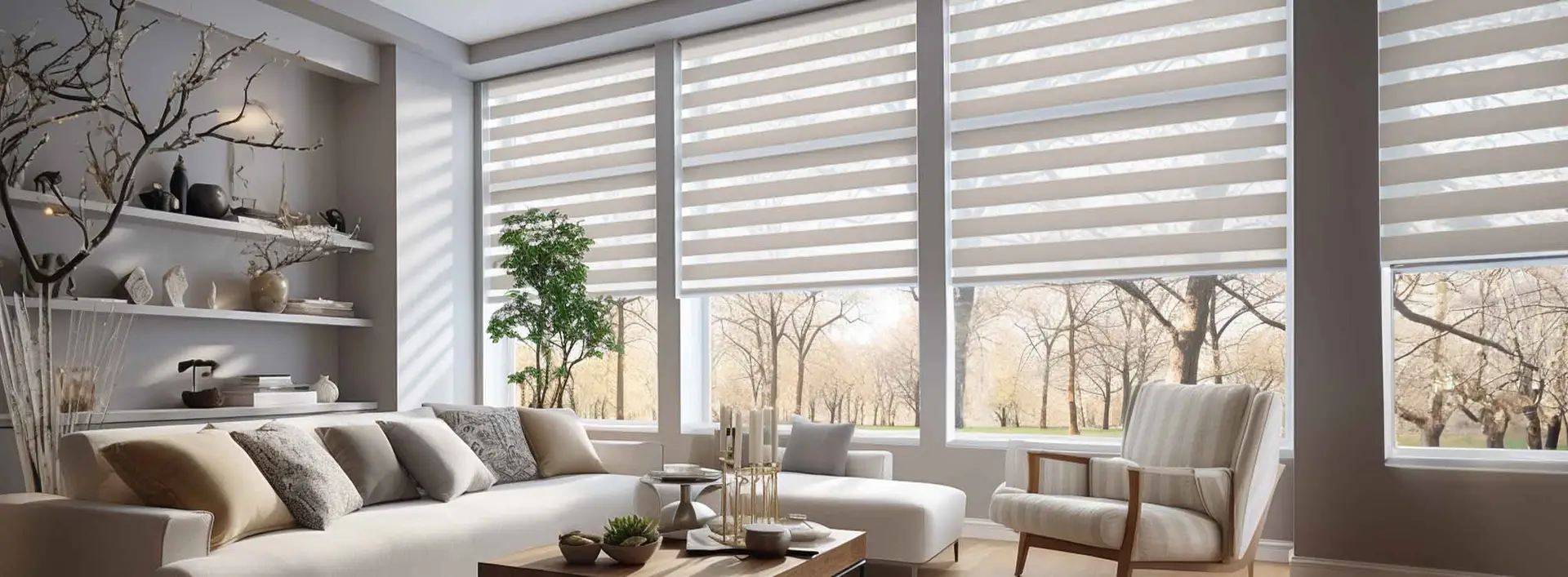 Custom motorized zebra shades in a modern living room
