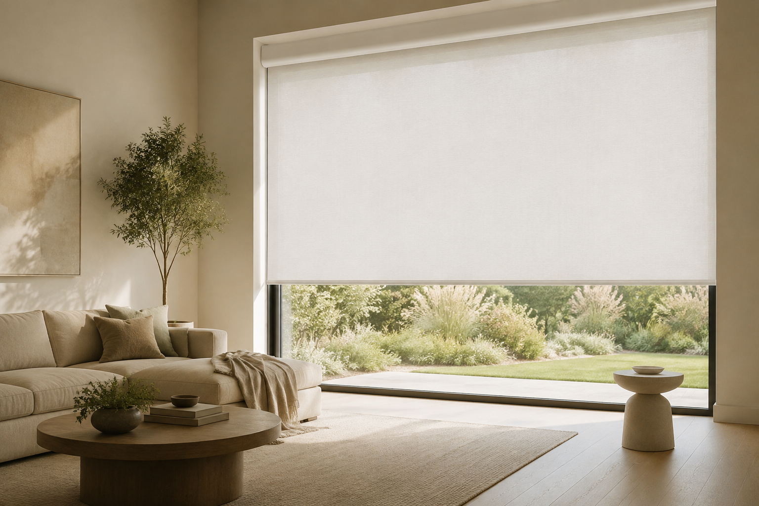 White roller shades in a bright Coquitlam living room