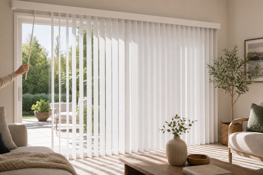 White vertical blinds covering a wide sliding patio door in a Vancouver home