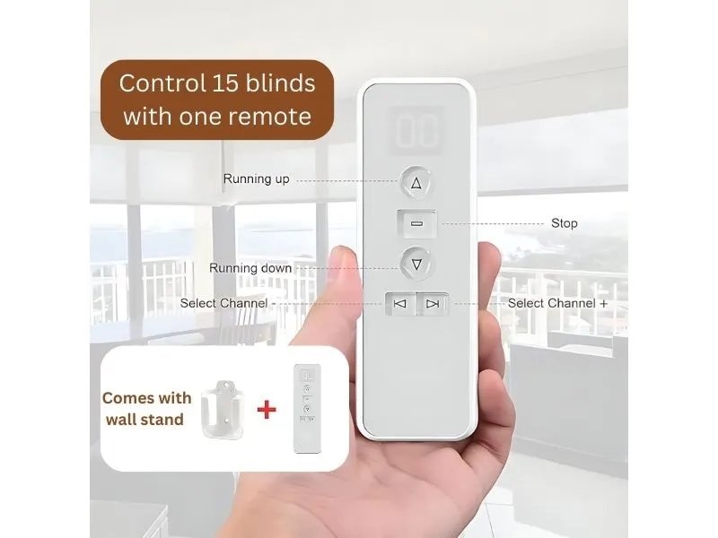 Multi-channel remote control for motorized roller shades operating up to 15 blinds, with wall stand included