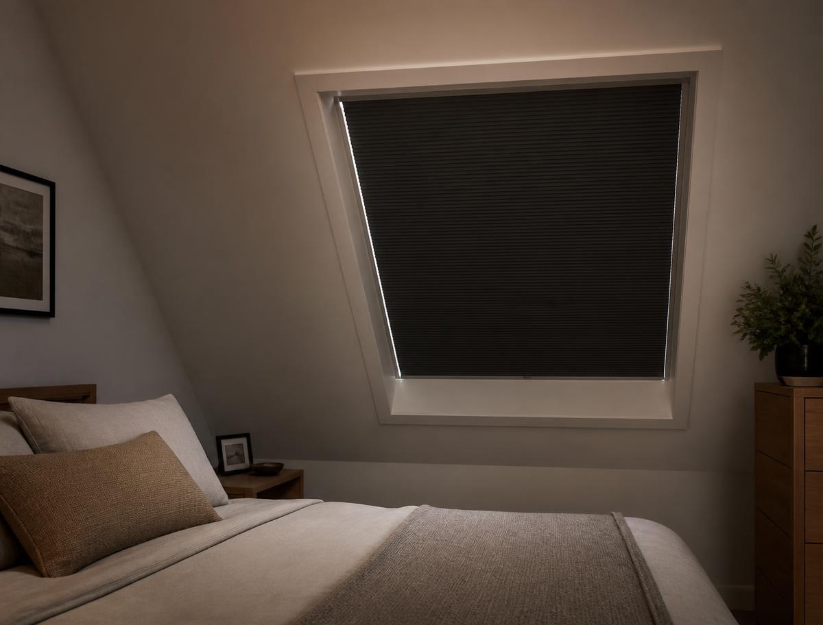 Blackout cellular skylight shade closed over an attic bedroom skylight in Vancouver