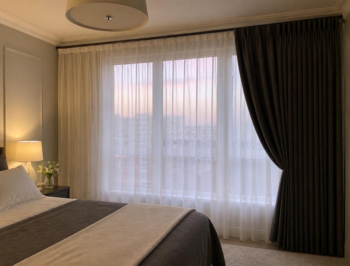 Dual-track smart curtains with a sheer white voile layered in front of charcoal blackout drapery in a Vancouver bedroom