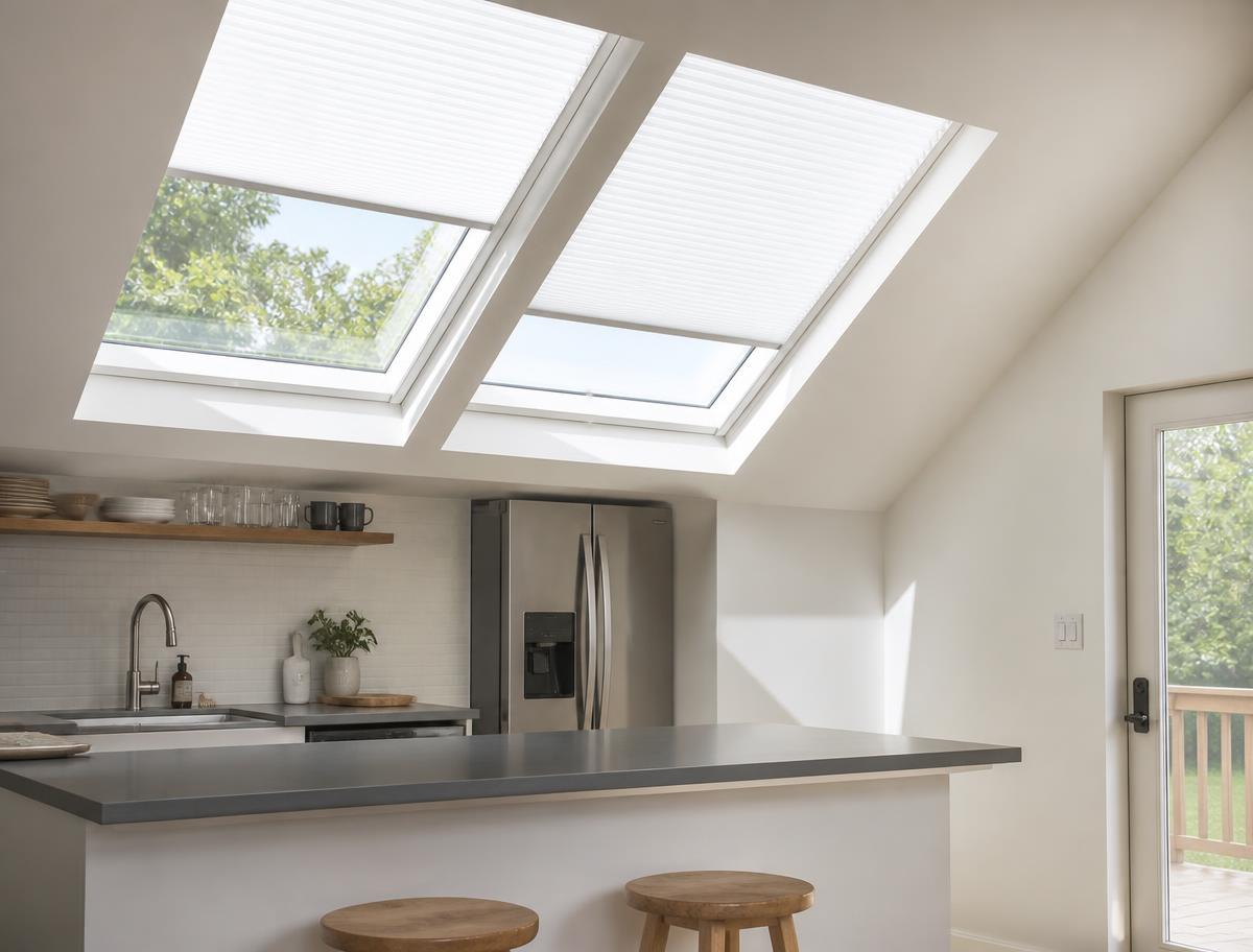 Motorized white skylight shades on sloped kitchen skylights in a Vancouver home