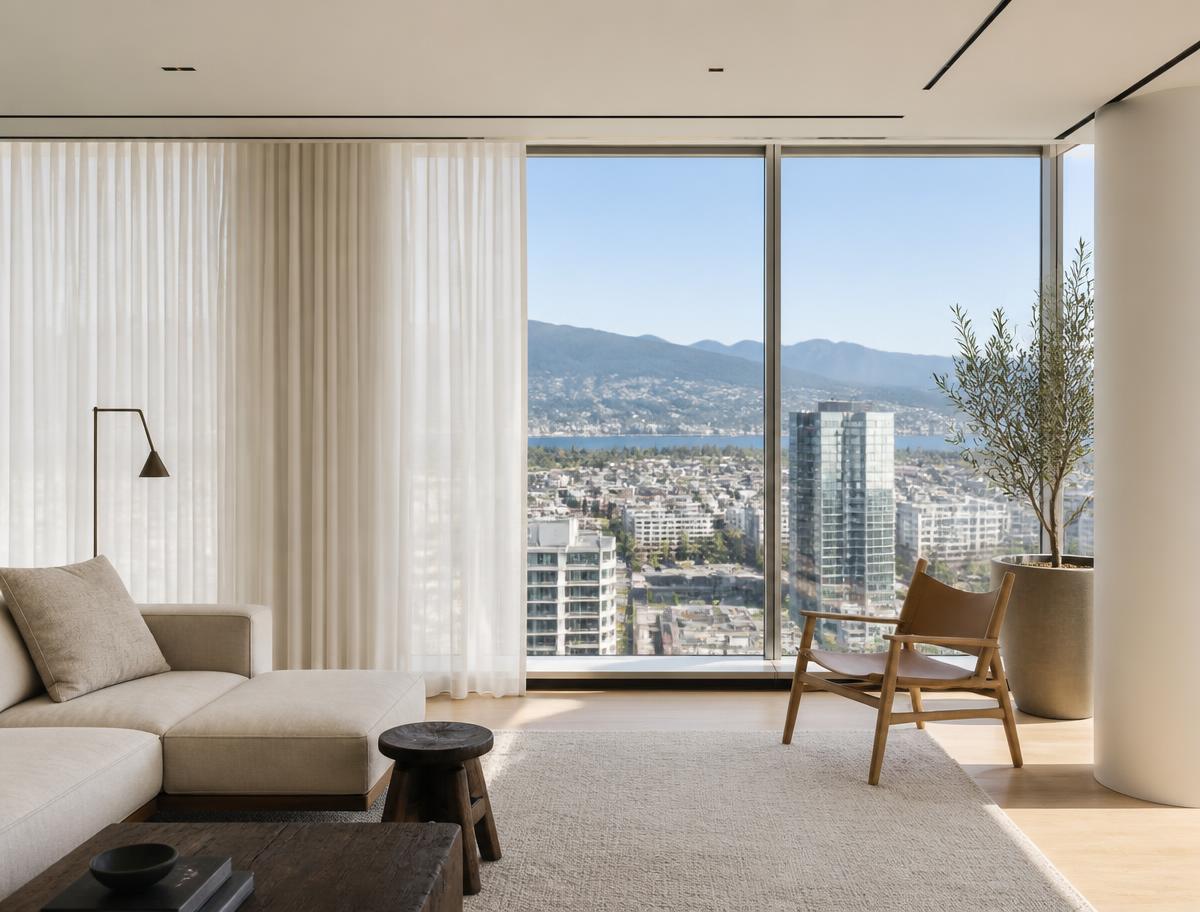 Motorized smart curtains in ivory linen opening across a floor-to-ceiling Vancouver window