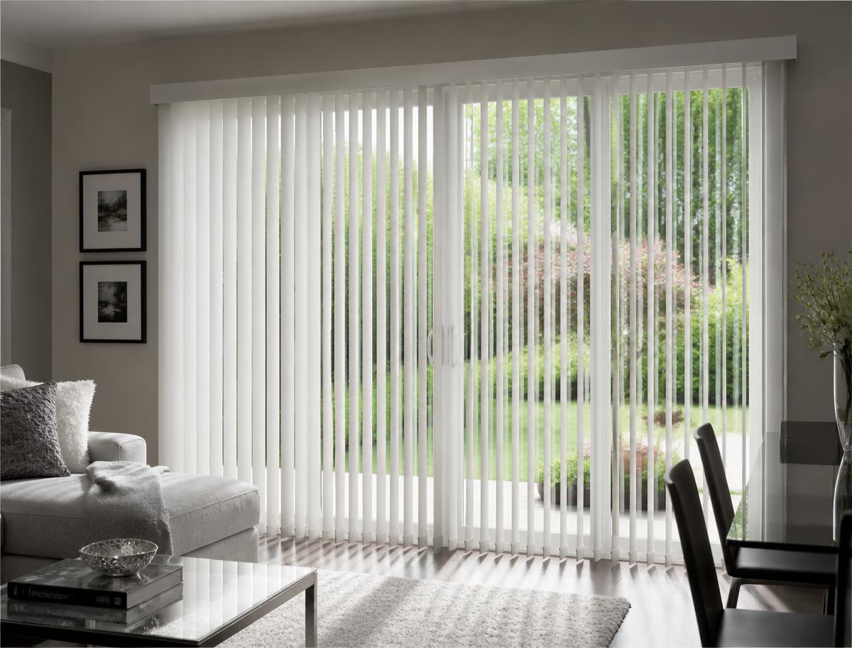 White PVC vertical blinds on a sliding patio door in a Vancouver family room