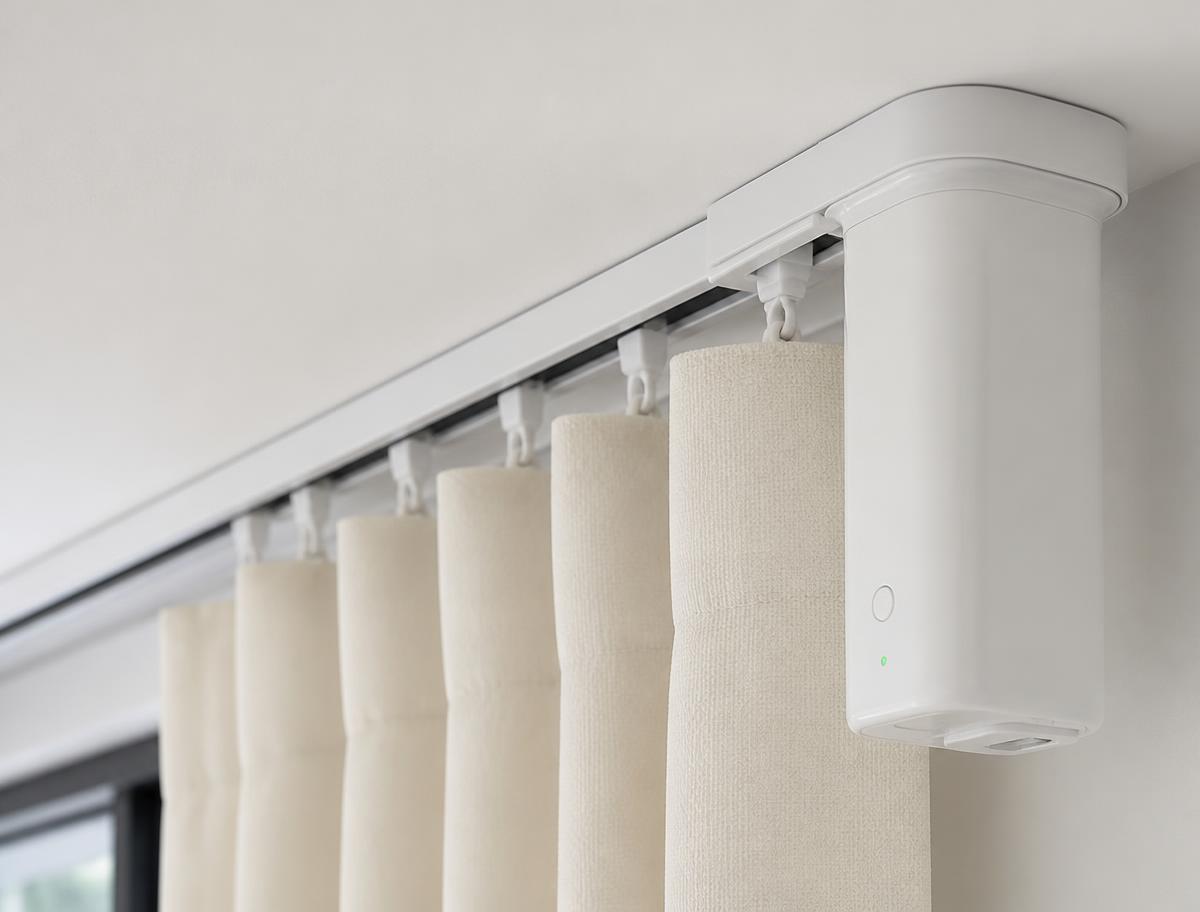 Close-up of a slim ceiling-mounted motorized smart curtain track and quiet motor unit